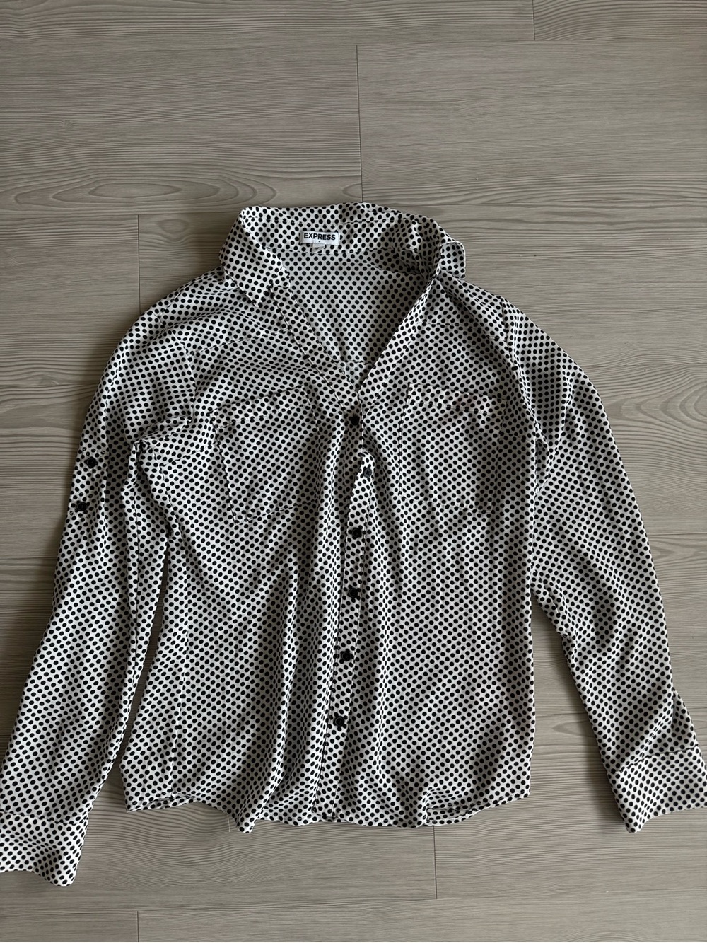 Express White and Black Polka Dot Long-Sleeve Blouse